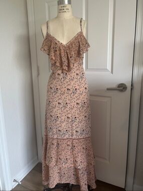 Cozy Casual Blush Peach Ruffle Maxi Dress Flowy Garden Floral Feminine Comfy